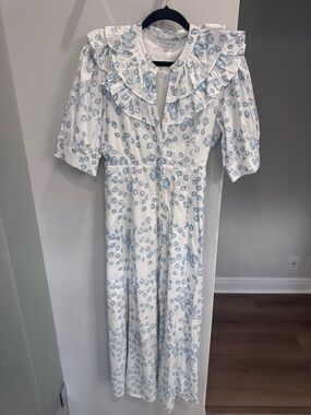 Women’s White Midi Dress with Blue Floral Print and Ruffled Collar